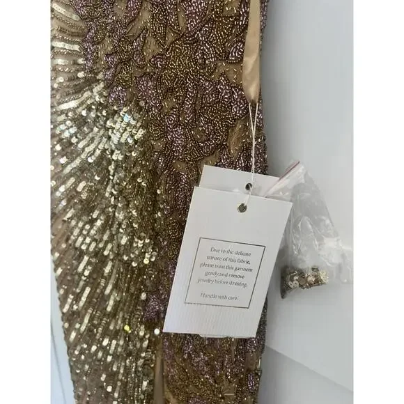 $598 Mac Duggal 5473 High Slit Embellished Sequins Dress Gold Size 8 NWT - Picture 5 of 16